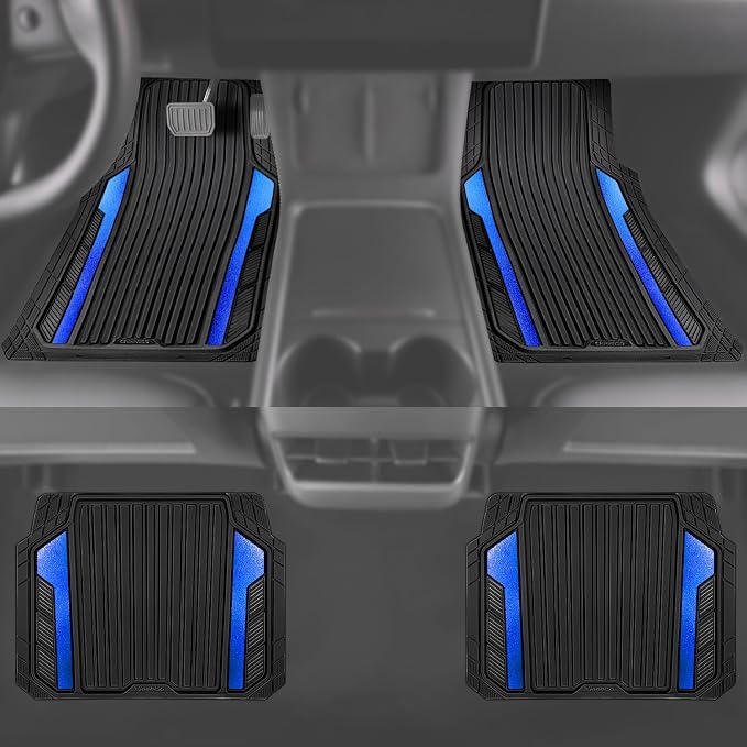 CAR PASS Heavy Duty Rubber Car Mats Metallic,Aluminum Film All Weather Floor Mats Waterproof Universal Trim to Fit Automotive SUV Sedan Van 4 Piece Anodized Deep Dish Two-Tone Sporty Black Blue Chrome