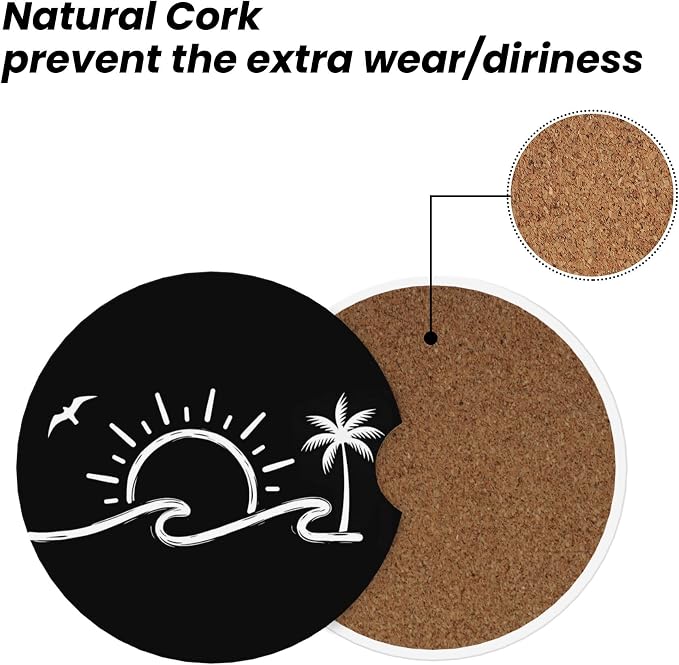 Sunset Waves Car Cup Holder Coasters 2 Pack 2.63" for Women | Palm Trees Universal Anti Slip Ceramic Absorbent Coaster with Cork Base and Finger Notch Cute Car Accessories Interior