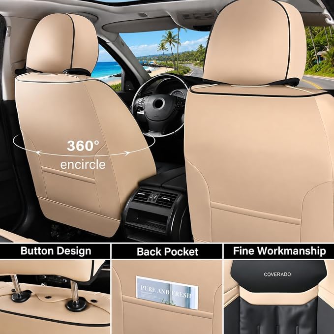Coverado Car Seat Covers, Seat Covers for Cars 5 Seats, Full Set Car Seat Protector, Waterproof Nappa Leather Car Seat Cushion, Auto Seat Covers Universal Fit for Most Vehicles, Beige&Black