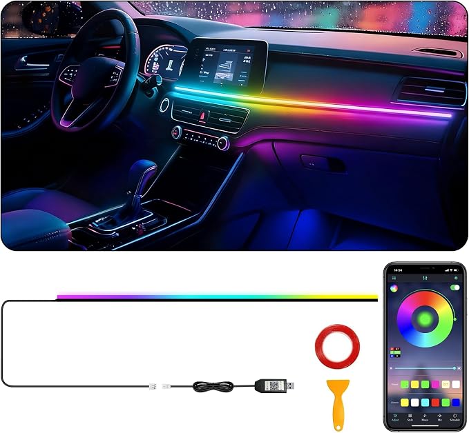 Interior Car LED Strip Lights, RGB Dynamic Dreamcolor Chasing Acrylic LED Lights for Car, USB Powered Ambient Lighting Kits with Wireless APP, Sound Active Function Car Neon Lights (1 in 1)