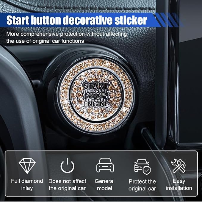 Bling Crystal Car Engine Start Ring Sticker, Sparkling Rhinestone Push Start Button Decorative Cover, Anti-Scratch Key Ignition & Knob Bling Ring Car Interior Accessories for Women (Orange)