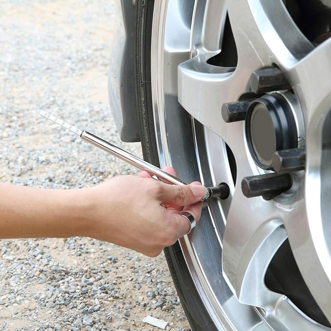 10 Pieces Pencil Tire Pressure Gauge Stainless Steel Stem Tire Pressure Gauge Accurate Mechanical Wheel Checker with 20 Pieces Tire Stem Valve Caps for Car Truck Motorcycle Bike