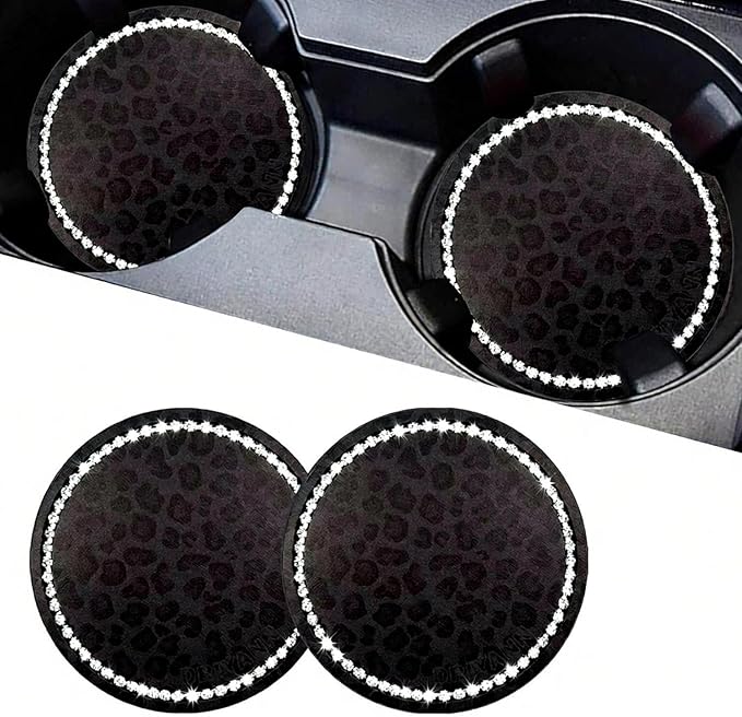 Car Cup Holder Coaster, 2PCS Silicone Car Cup Holder Insert Leopard Print, 2.75" Universal Non-Slip Cup Holders, Interior Car Accessories for Women and Man (Black)