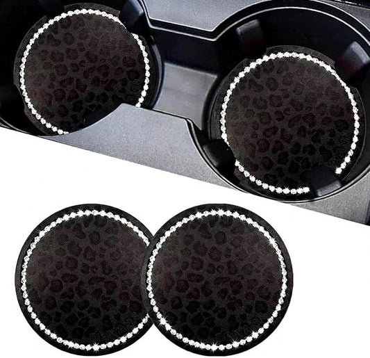 Car Cup Holder Coaster, 2PCS Silicone Car Cup Holder Insert Leopard Print, 2.75" Universal Non-Slip Cup Holders, Interior Car Accessories for Women and Man (Black)