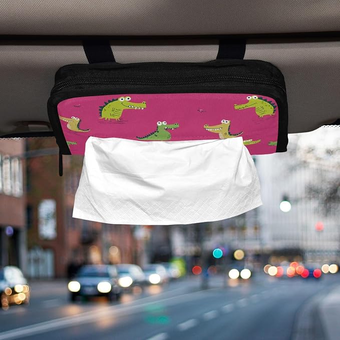 Car Visor Tissue Holder Mask Holder for Car, Car Tissue Box Sun Visor Napkin Holder Car Visor Accessories Adjustable Straps Reusable Durable Easy to Install Pink Funny Crocodiles
