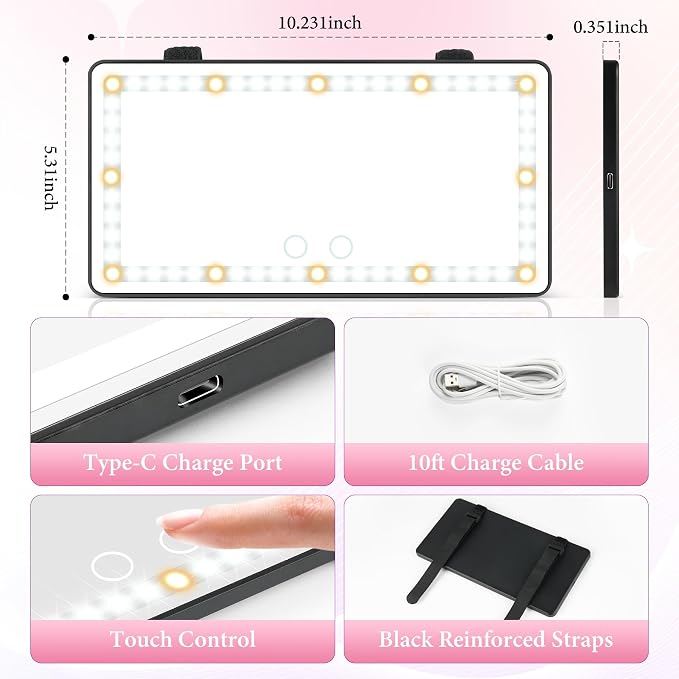 SINGARO 2PCS Car Sun Visor Vanity Mirror - Rechargeable Makeup Mirror with 60 LEDs, 3 Light Modes & Dimmable Touch Control for Cars, Trucks, SUVs, Car Interior Accessories for Women (Black)