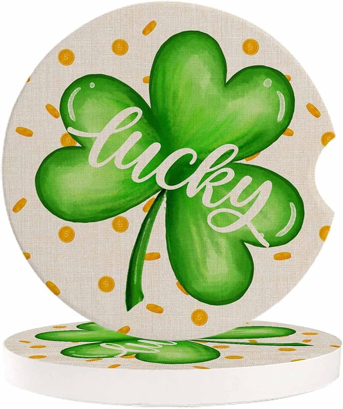 Car Coasters for Cup Holders 2.6" Dia Absorbent Coasters Set of 6 Car Interior Accessories for Women St. Patrick's Day Four Leaf Clover Gold Coin Ceramic Car Coaster for Drinks with Finger Grooves