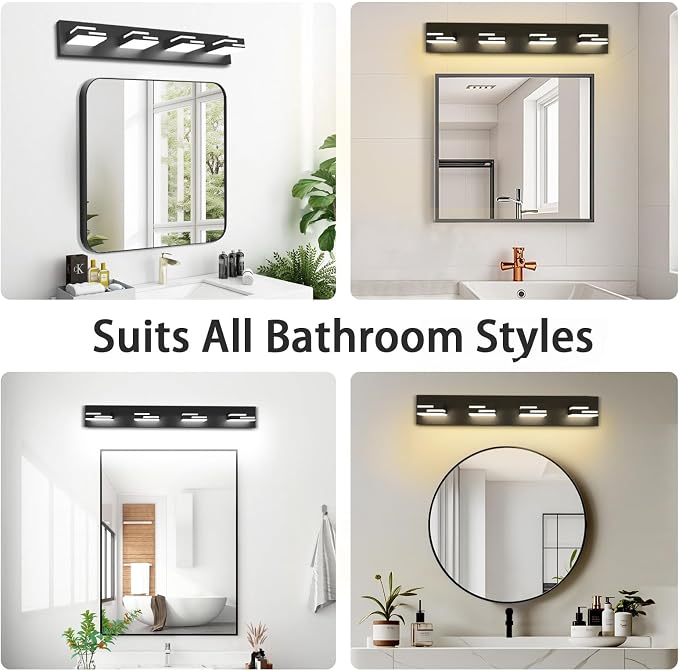 LED Modern Bathroom Vanity Light Fixtures, Dimmable Matte Black Vanity Lights for Bathroom Lighting Fixtures Over Mirror, with 360° Rotatable Acrylic Heads 4-Light 30-inch 5CCT