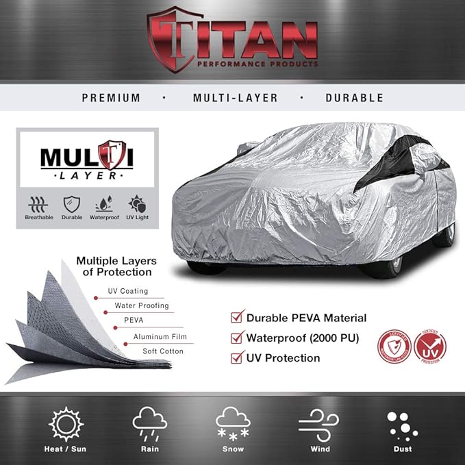 Titan Premium Multi-Layer PEVA Car Cover for Large Sedans 203-212". Waterproof, UV Protection, Anti-Scratch Protective Lining, Driver-Side Zippered Opening. Fits Avalon, XTS, 6-8 and More.