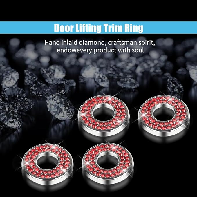 JOYCOURT 4Pack Bling Car Inner Door Lock Pull Stickers, Red | Rhinestone Bling Car Pull Rod Bolt Decoration Cover Interior Car Accessories, for Mercedes-Benz A/B/C/E Class GLC GLA GLK GLA