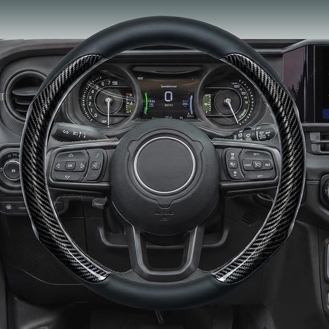 Yangday Leather Steering Wheel Cover for Jeep Wrangler Grand Cherokee Compass, 14.5-15 inches Car Steering Wheel Cover with Non-Slip Breathable (Carbon Black)