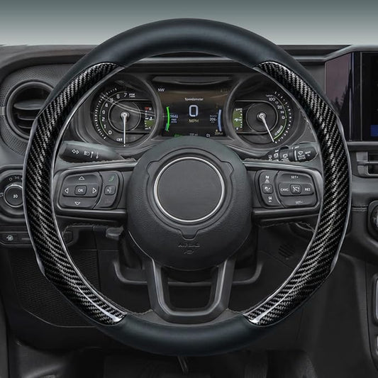 Yangday Leather Steering Wheel Cover for Jeep Wrangler Grand Cherokee Compass, 14.5-15 inches Car Steering Wheel Cover with Non-Slip Breathable (Carbon Black)