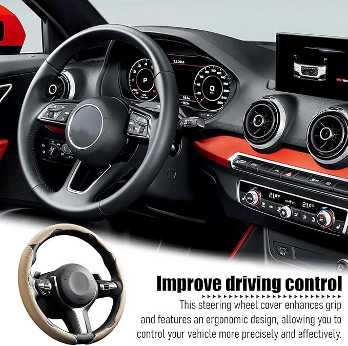 3PCS Car Steering Wheel Cover, 14.5-15" Breathable Nappa Leather Segmented Steering Wheel Protector with Non-Slip Grip, Stylish Auto Interior Decor Accessories, Universal for Vehicles (Beige)