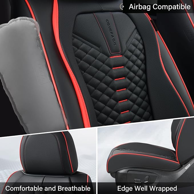Coverado Car Seat Covers, Front Seat Cover, Waterproof Nappa Leather Seat Covers for Cars, 2 Pack Car Seat Protectors, Driver Seat Cover, Automotive Seat Covers Universal Fit for Most Cars, Black&Red