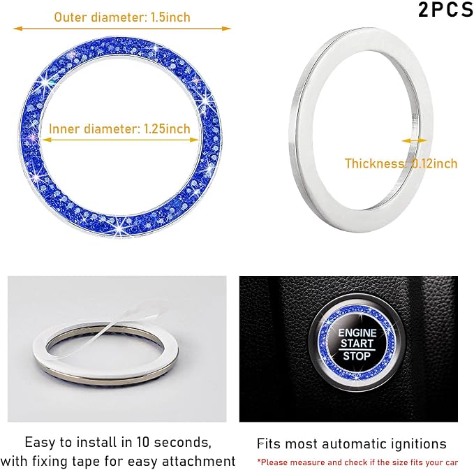 Kewucn 2 PCS Bling Crystal Double Rhinestone Car Engine Start Decoration Ring, Sparkling Push Start Button Sticker, Key Ignition & Knob Ring Decoration, Bling Car Interior Accessory(Dark Blue)