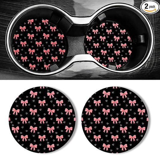 WOCOCN Car Coasters for Cup Holders - 2 Pack 2.75" Universal Rubber Car Cup Coaster, Non-Slip Waterproof Car Interior Accessories, Cute Car Decor Gifts for Women and Men (Bow)