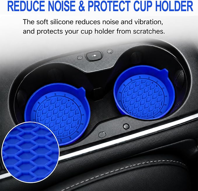 4 Pack Car Cup Holder Coaster, 3.15 Inch Non-Slip Silicone, Blue | Cup holder insert, spill proof ,raised lip, honeycomb base, rinse clean, fits most sedans suvs trucks, automotive accessories