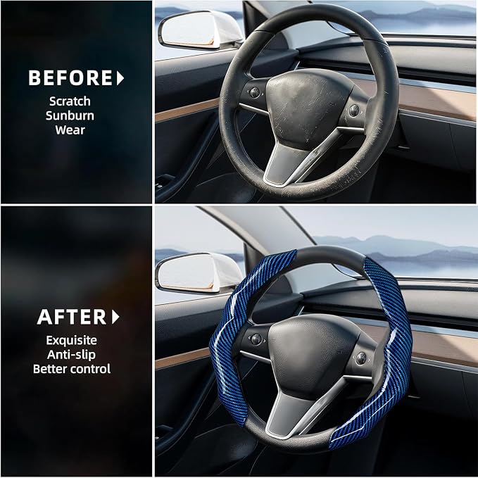 Carbon Fiber Steering Wheel Cover 2PCS Segmented Clip-on Protector (Blue) | Universal Fit, Anti-Slip Lining, Sporty Style, Car Interior Accessory for Men and Women