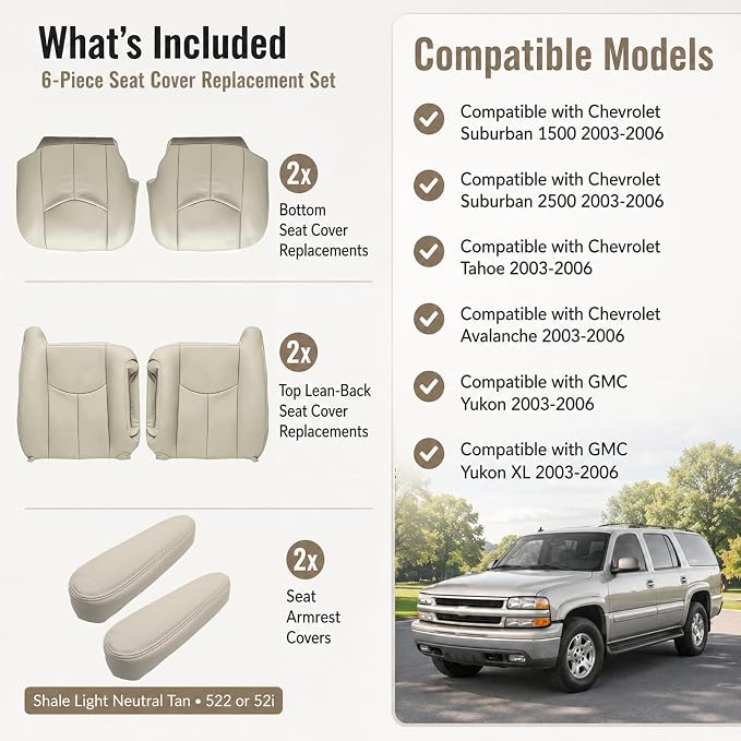 NLQR #522 Driver & Passenger Side Bottom & Top Lean Back Replacement Seat Covers & 2Pcs Seat Armrests Covers Light Tan Compatible with Chevy Avalanche Tahoe Suburban GMC Yukon XL 2003 2004 2005 2006