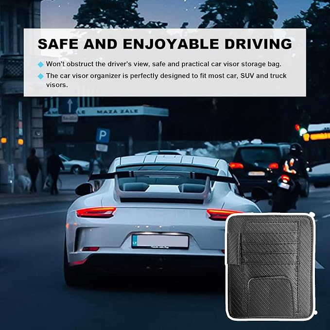 Dickno Small Leather Car Sun Visor Organizer, Multifunctional Auto Visor Document Holder with Sunglasses Clip, Universal Car Interior Organizer for Driving License, Card, Pen (Carbon Fiber Black)