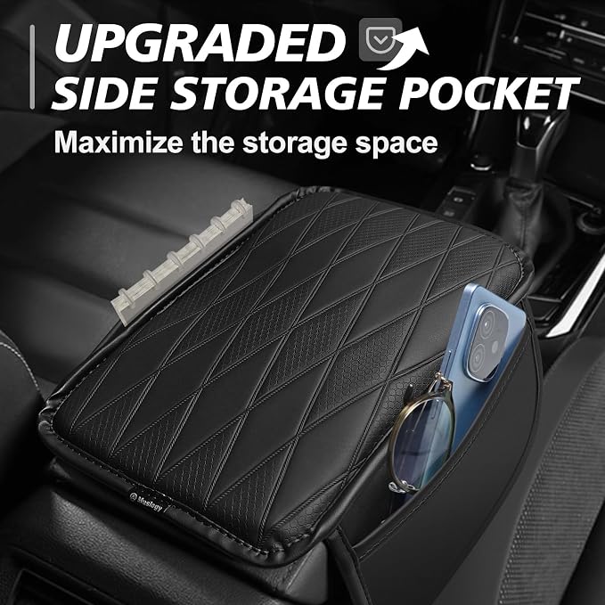 Muslogy Center Console Armrest Cover Fit for Most Vehicle SUV Sedan Universal Accessories, Comfort Armrest Pad Console Lid Cushion Vegan Leather Regular Thick (w/Side Pockets)
