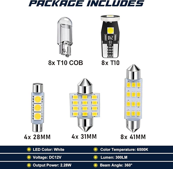 Spurtar 32PCS Interior Car Lights Extra Bright White Dome Map Tail LED Bulbs Light Car Kit Set T10-COB T10-3030 28mm 31mm 41mm 194 LED Bulb for Trunk Cargo Door Courtesy License Plate Light
