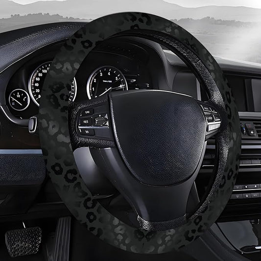 Steering Wheel Covers for Car, Truck, and SUV, Cute Non-Slip Breathable Elastic Steering Wheel, Car Accessories, Universal 15 Inch Leather Cover for Men Women Black Leopard Print