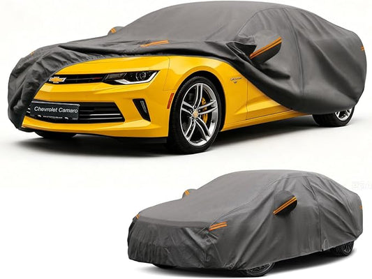 Kayme Heavy Duty Car Cover Custom Fit Chevrolet Camaro 2009-2026, Waterproof All Weather Outdoor Full Protection, Sun Rain UV Resistant with Zipper Door and Windproof Straps.