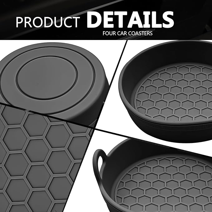4 Pack Car Cup Holder Coaster, Universal Silicone Non-Slip Insert Pad, Waterproof Spill-Proof Drink Mat for SUV Sedan Truck, Automotive Interior Accessories (Black)