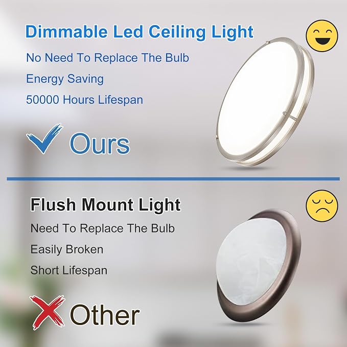 DLLT 2Pack Flush Mount LED Ceiling Light: 16 Inch 5CCT (3000K-6000K) & Dimmable Ceiling Light Fixtures for Bedroom Hallway - 36W Modern Brushed Nickel Super Bright Kitchen Lighting Fixtures Ceiling