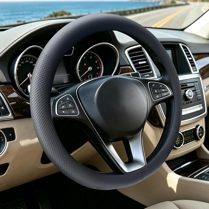 Premium Nappa Leather Steering Wheel Cover, Universal, Comfort Grip, Anti-Slip Breathable, Compatible with 14.5-15 in Steering Wheel Protector, Black