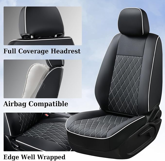 Coverado Tacoma Seat Covers Full Set, Faux Leather Seat Covers Custom Fit for 2005-2015 Toyota Tacoma Double/Crew Cab Base Prerunner SR5 Limited TRD Sport Interior Covers (White Line)