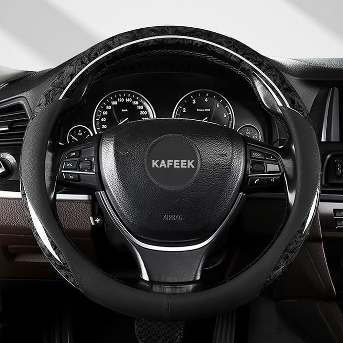 KAFEEK Classic Wood Grain Steering Wheel Cover, Fits 14.5-15" Wheels, Grey | Microfiber Leather, Comfortable Grip with Anti-Slip Inner Lining, Easy to Install for Cars, Trucks, SUVs
