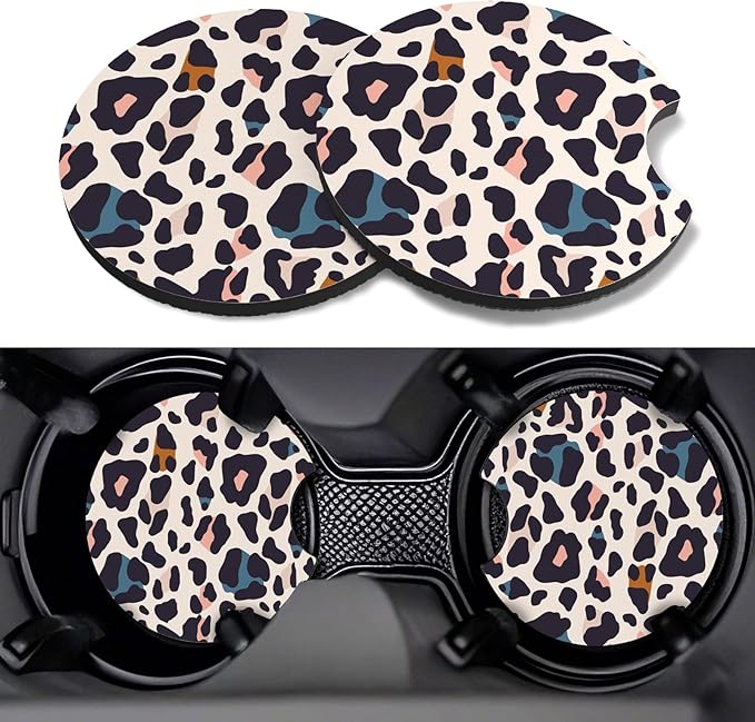 Car Cup Coasters,2 Pack Car Coaster,2.75inch Anti Slip and Absorbent Cars Coasters for Cup Holders,Neopren Accessories for Women,Cute Decor for Women (Colorful Snow Leopard)