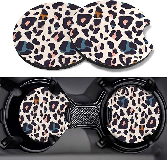 Car Cup Coasters,2 Pack Car Coaster,2.75inch Anti Slip and Absorbent Cars Coasters for Cup Holders,Neopren Accessories for Women,Cute Decor for Women (Colorful Snow Leopard)