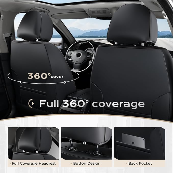Coverado Car Seat Covers Full Set, Waterproof Nappa Leather Seat Covers for Car, Car Seat Protector with Lumbar Support, Automotive Seat Covers Universal Fit for Most Cars SUV Trucks, (Black&Purple)