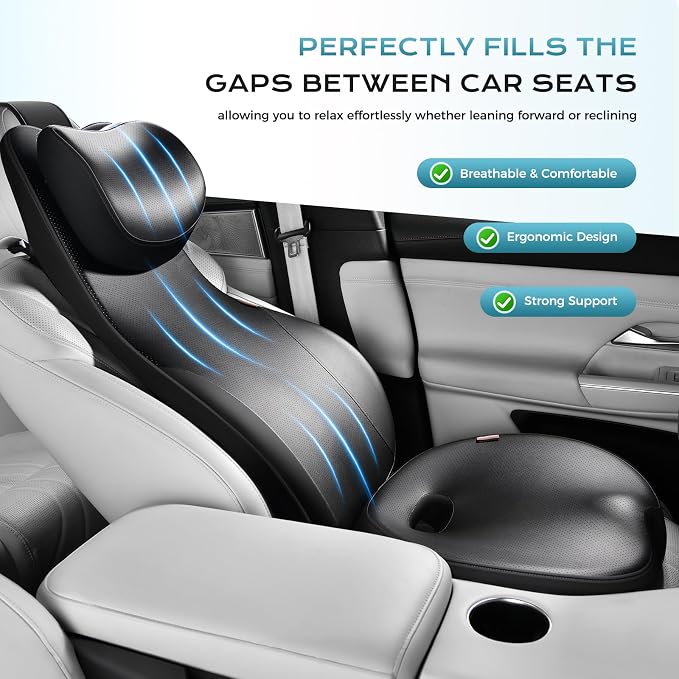 Coverado Car Seat Cushion and One Piece Lumbar Support Headrest Pillow, Adjustable Velcro Design Car Neck Pillow, Ergonomic Memory Foam Car Back Support Driving Seat Cushion for Back Pain Relief,Black