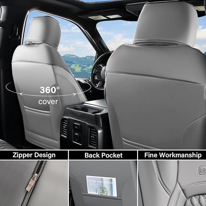 Coverado Chevy Chevrolet Silverado GMC Sierra Seat Covers Full Set, Custom Fit for 2014-2018 1500, 2015-2019 2500HD 3500HD Crew Double Extended Cab Truck, Waterproof Leather Car Seat Covers (Gray)