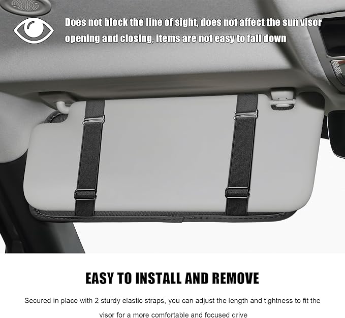 Car Sun Visor Organizer, PU Leather Multi-Pocket Visor Storage Pouch with Zipper, Auto Interior Document Holder Sunvisor Card Sleeve Pocket Organizer for Driving License Pen Key (Beige)