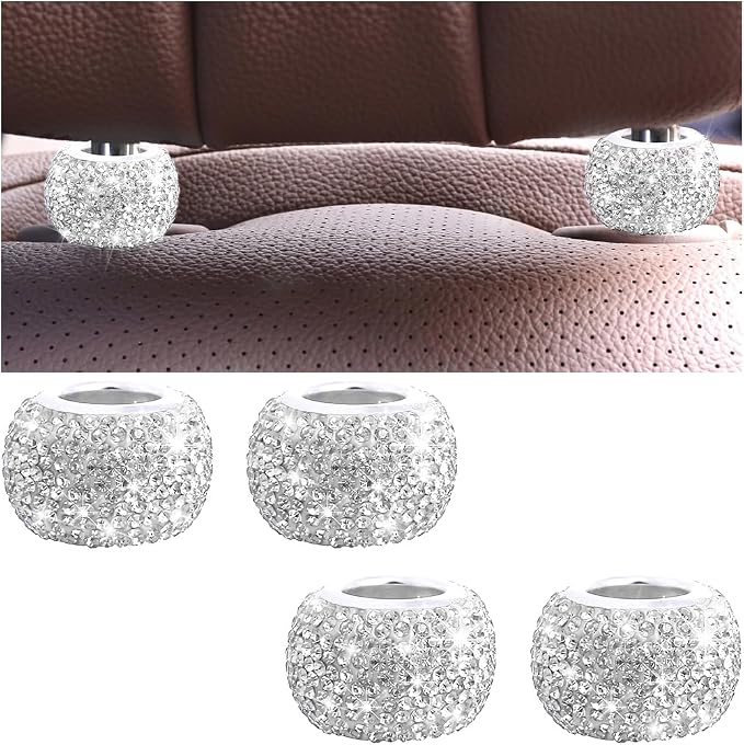 4PCS Bling Car Headrest Collars, Crystal Rhinestone Vehicle Head Rest Collars Decorative Rings, Diamond Automotive Seat Interior Charms Accessories, Universal for SUV, Sedan, Truck (White)