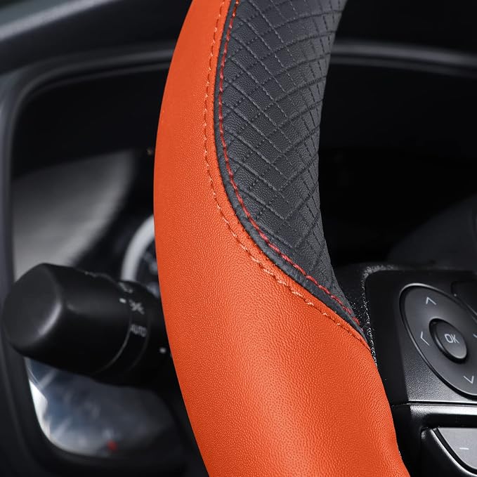 Auto Car Leather Steering Wheel Cover Anti Slip Wrap 15" (Orange)