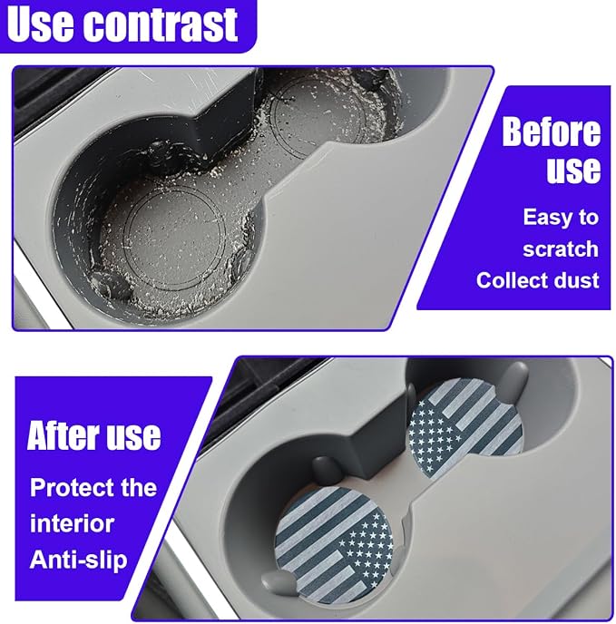 Craedli 2PCS American Flag Car Coasters for Cup Holders, 2.51" Absorbent Ceramic Anti-Slip Drink Insert Car Cup Holder Coaster with Finger Notch, Universal Auto Interior Accessory for Women Men (Gray)