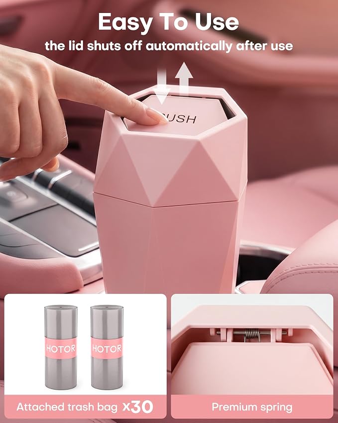 HOTOR Car Trash Can with Lid - 2 Pack, Car Accessories for Interior, Leakproof Vehicle Garbage Can with 30 Attached Trash Bags, Multipurpose Organizers and Storage for Home, Office, Pink