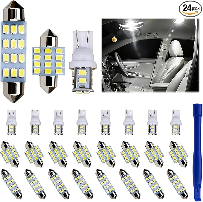 24PCS LED Interior Bulb Kit, Multi-Spec 194 T10 DE3175 578 31mm 42mm Dome Light Bulbs, Bright White Replacement Lamps for Car Map, License Plate, Door, Trunk and Side Marker Lighting (White)
