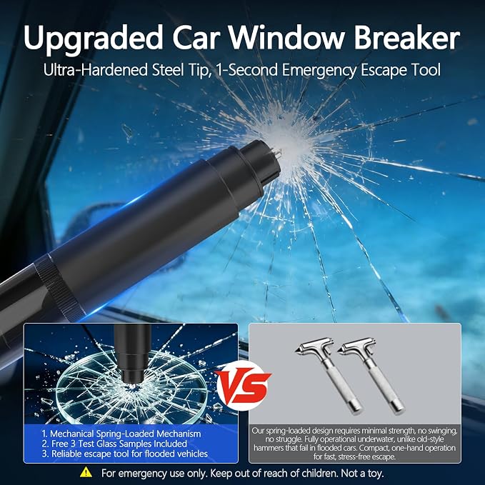 Window Breaker Seatbelt Cutter 3 Pack, Car Emergency Escape Tool | Underwater car window breaker tool, 2-in-1 seatbelt cutter with extra 4 car door shock pads for vehicle emergency safety