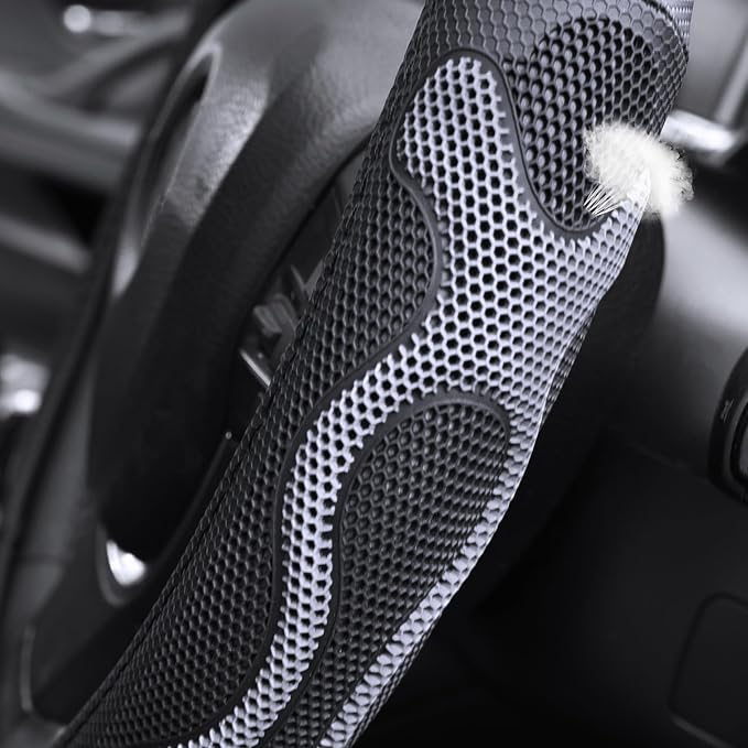 Elantrip Leather Steering Wheel Cover Great Grip with 3D Honeycomb Anti-Slip Design, Universal 14.5-15 Inch Car Wheel Protector Black and Gray