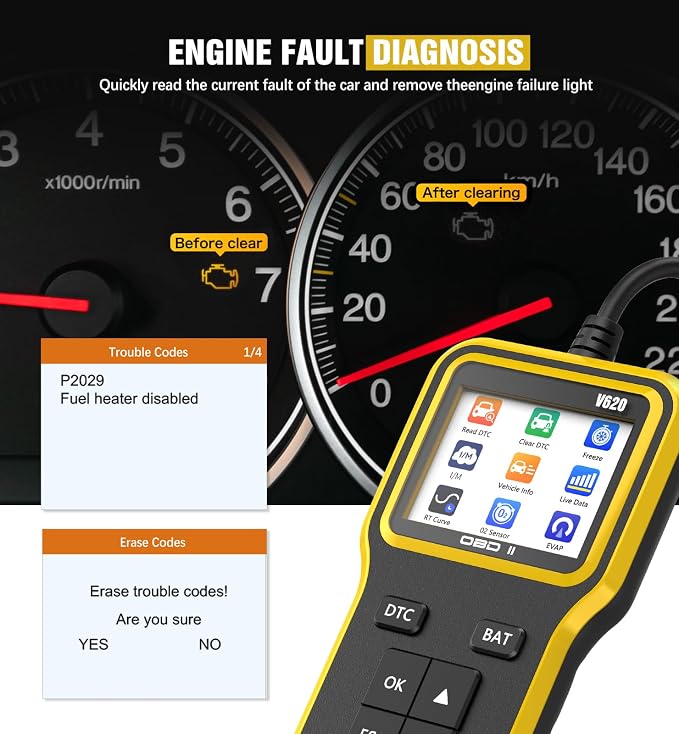 OBD2 Scanner with Upgrade Battery Tester - Diagnostic Tool for Cars That Check Engine Light & Emissions Readiness Read and Clears Vehicle Error Codes for All OBD II Protocol Vehicles Since 1996 Yellow