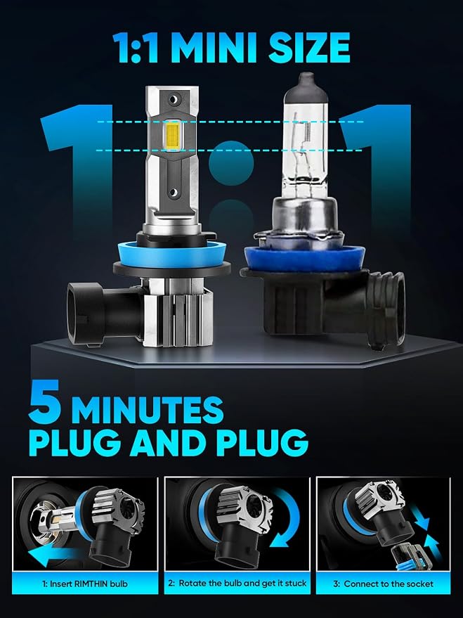rimthin H11 Bulbs, H8 H9 Fog Light Cool White Light Bulbs, IP67 Waterproof, Pack of 2