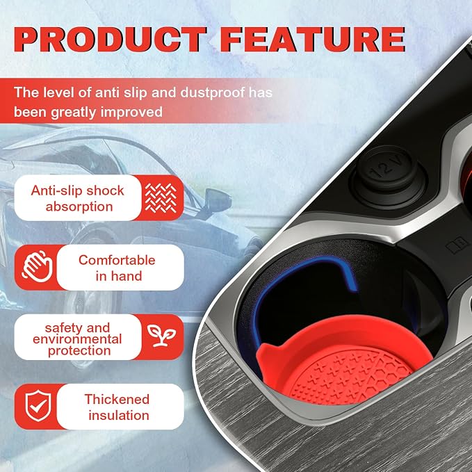 4PCS Car Cup Holder Coaster, Silicone Non-Slip Vehicle Insert Water Bottle Mat, Universal Insulation Drink Cup Pad Decor for SUV/Sedan/Truck, Automotive Interior Accessories (Red)