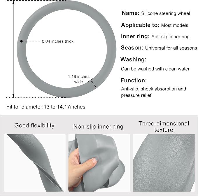 DXNQ Car Steering Wheel Cover, 13 to 14.17 inches Anti-Slip Silicone Steering Wheel Protector, Soft Flexible Shock-Absorbent Steering Wheel Protective Cover for Most Car Models (Gray)